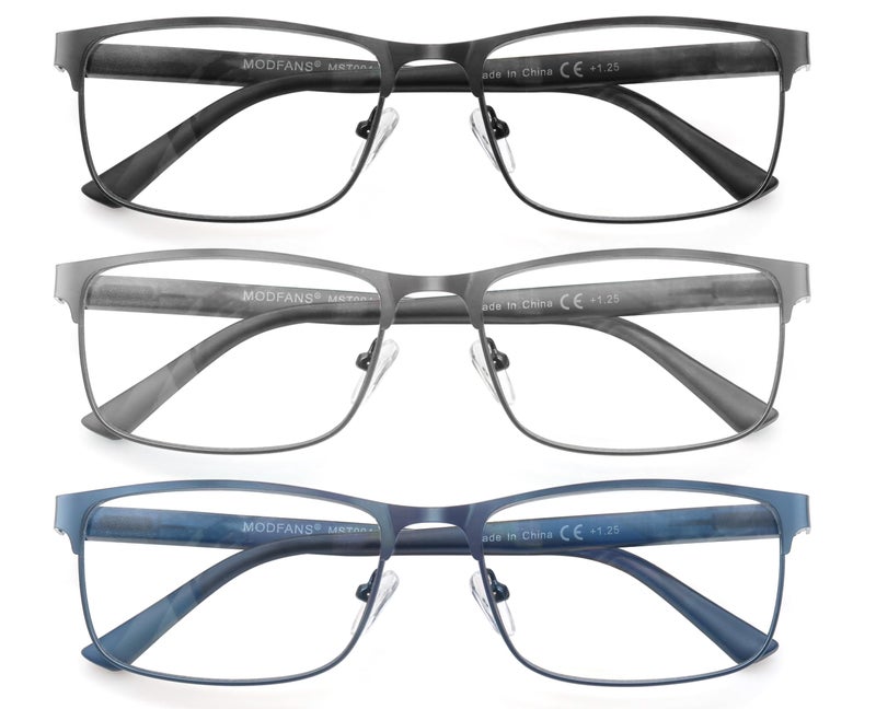MODFANS 3 Pack Reading Glasses Men Blue Light Blocking Metal Frame Rectangle Style Stainless Steel Material Readers Glasses Black Grey Blue
